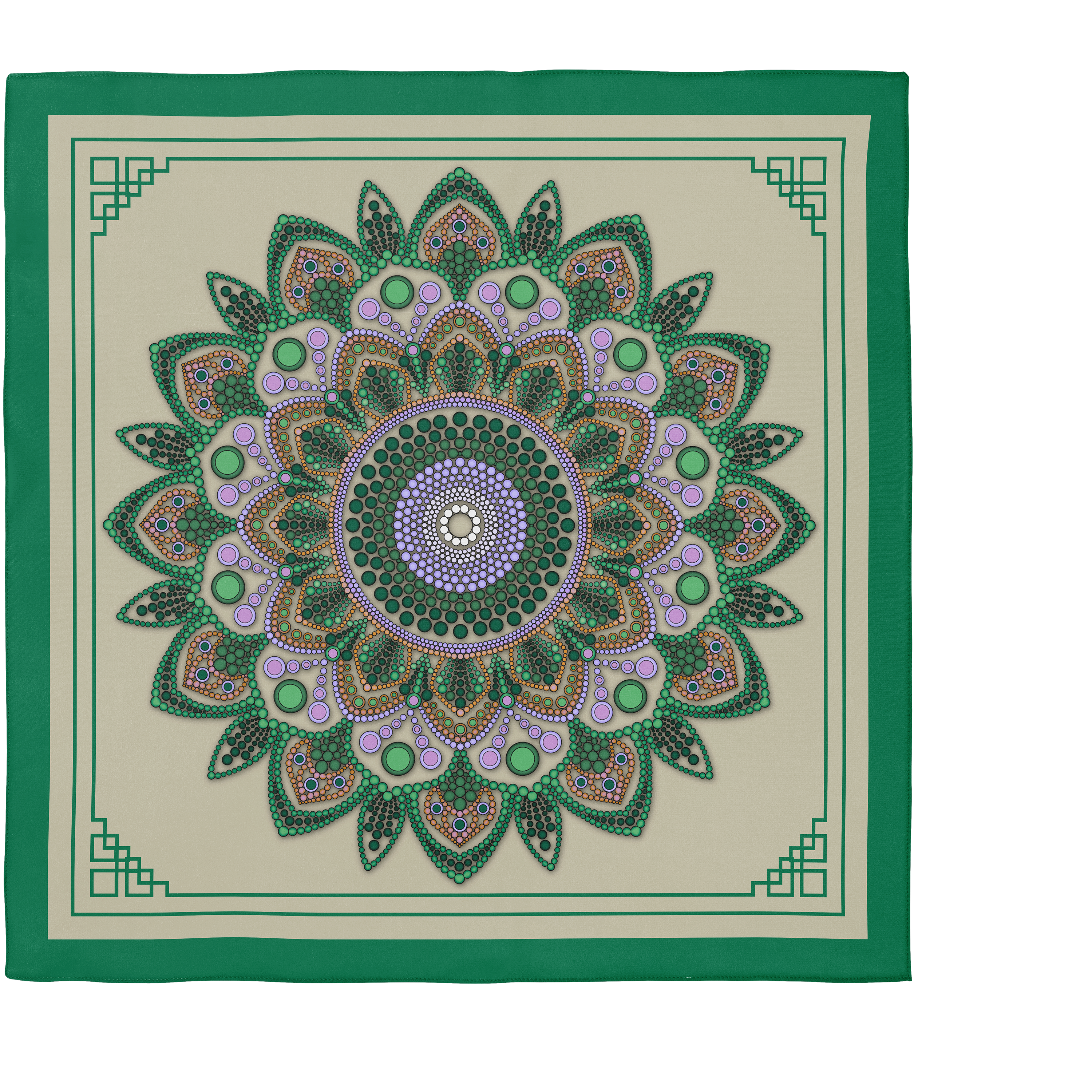 Emerald Mandala on Beige Silk Scarf 90