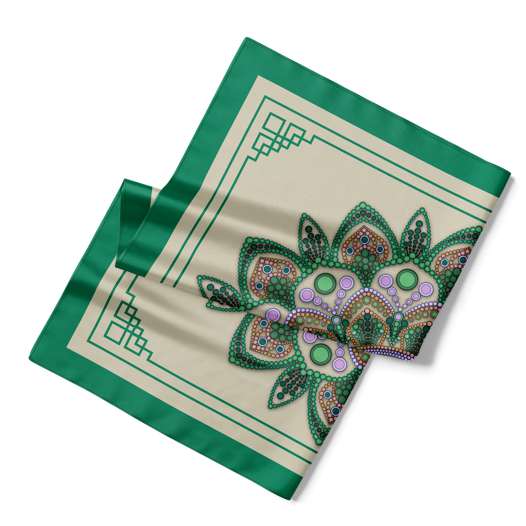 Emerald Mandala on Beige Silk Scarf 90