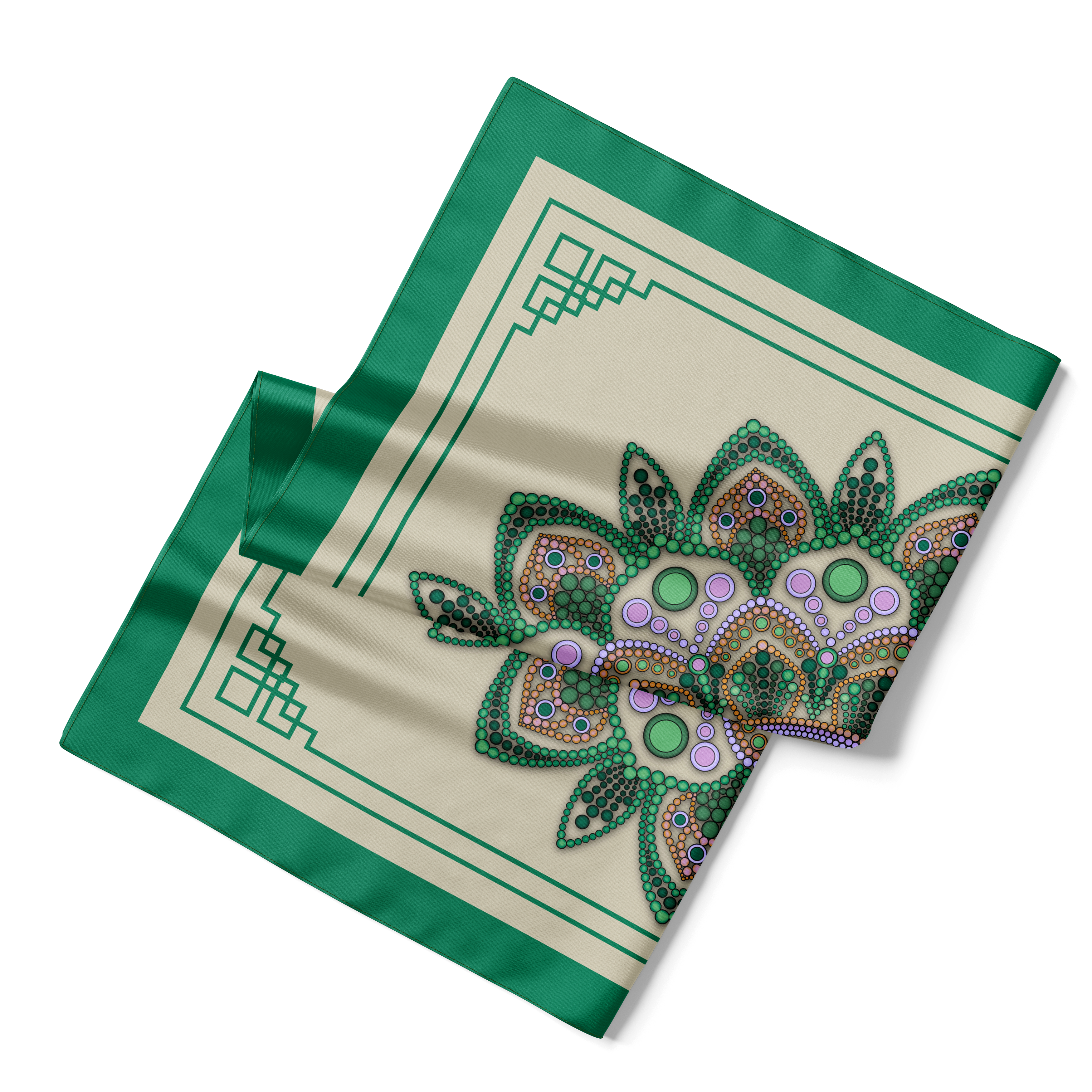 Emerald Mandala on Beige Silk Scarf 90