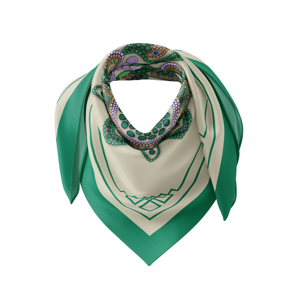 Emerald Mandala on Beige Silk Scarf 90