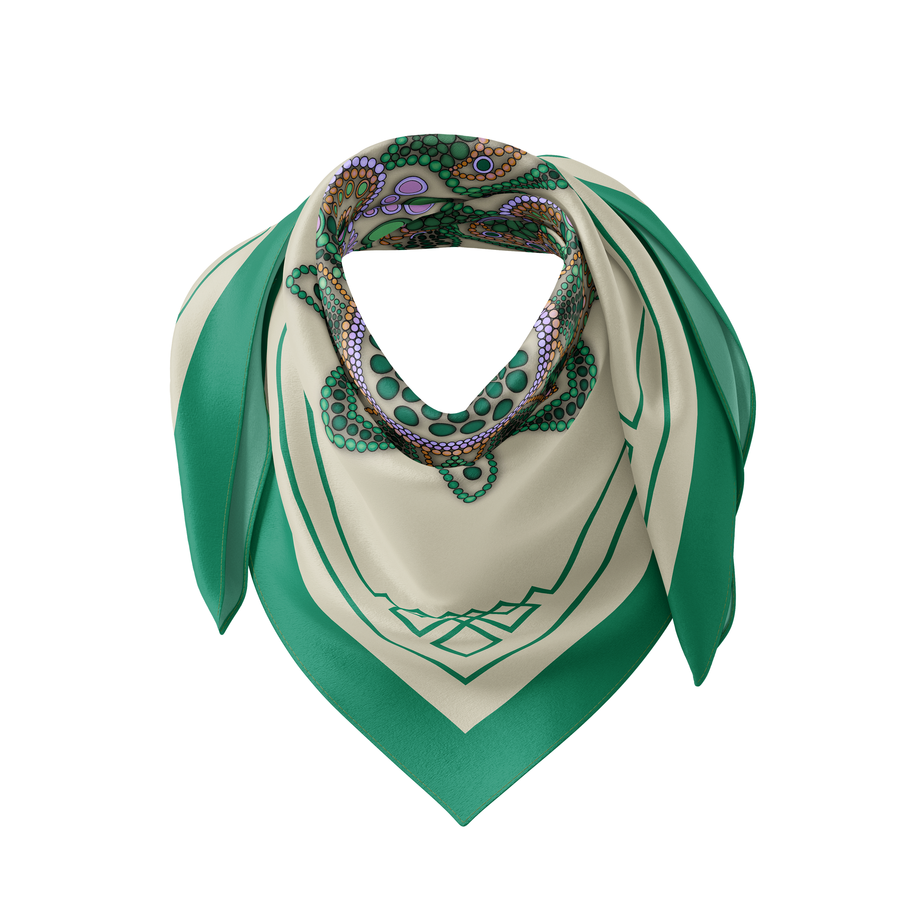Emerald Mandala on Beige Silk Scarf 90