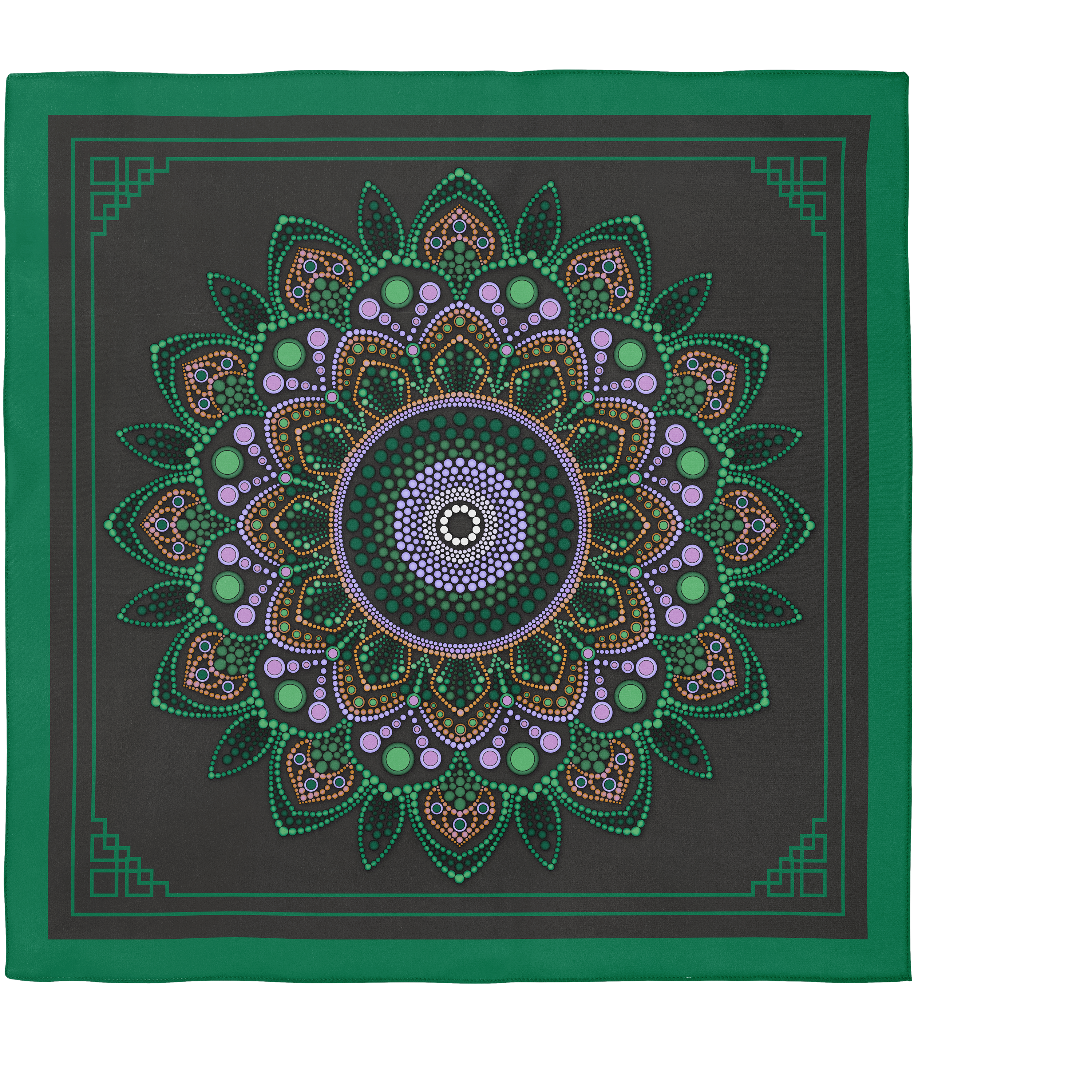 Emerald Mandala on Black Silk Scarf 90