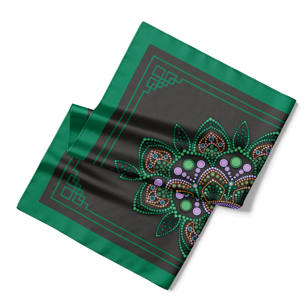 Emerald Mandala on Black Silk Scarf 90