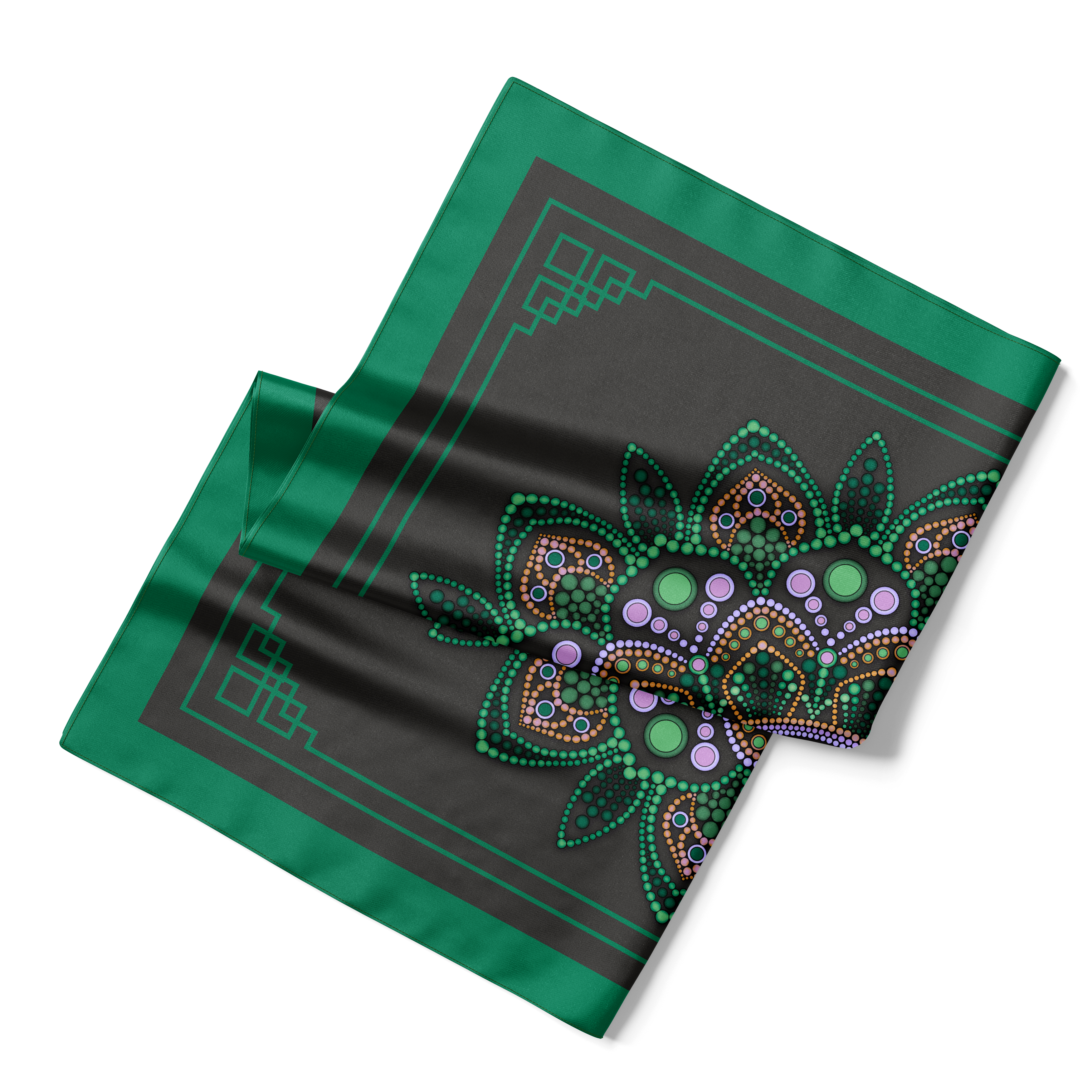 Emerald Mandala on Black Silk Scarf 90