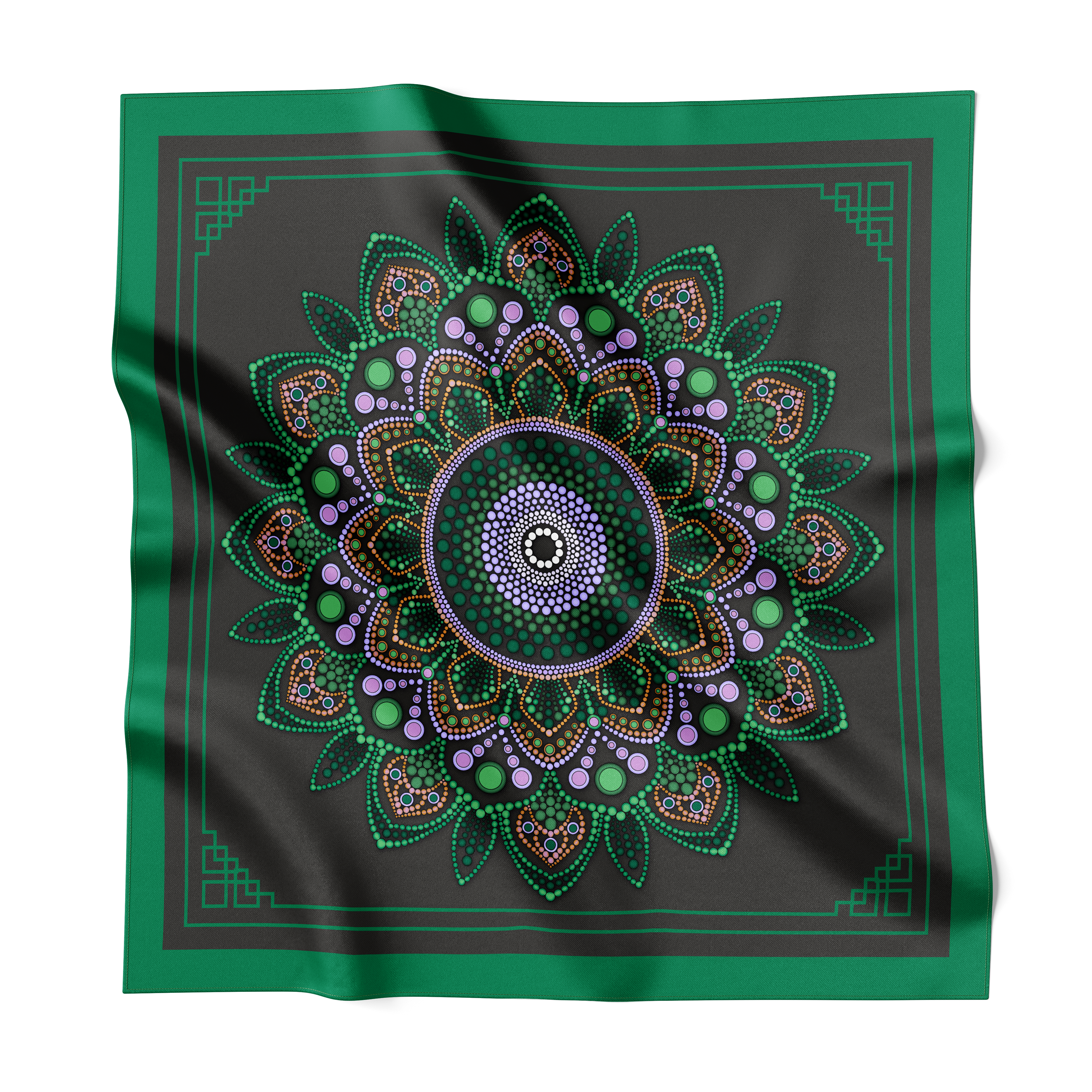 Emerald Mandala on Black Silk Scarf 90