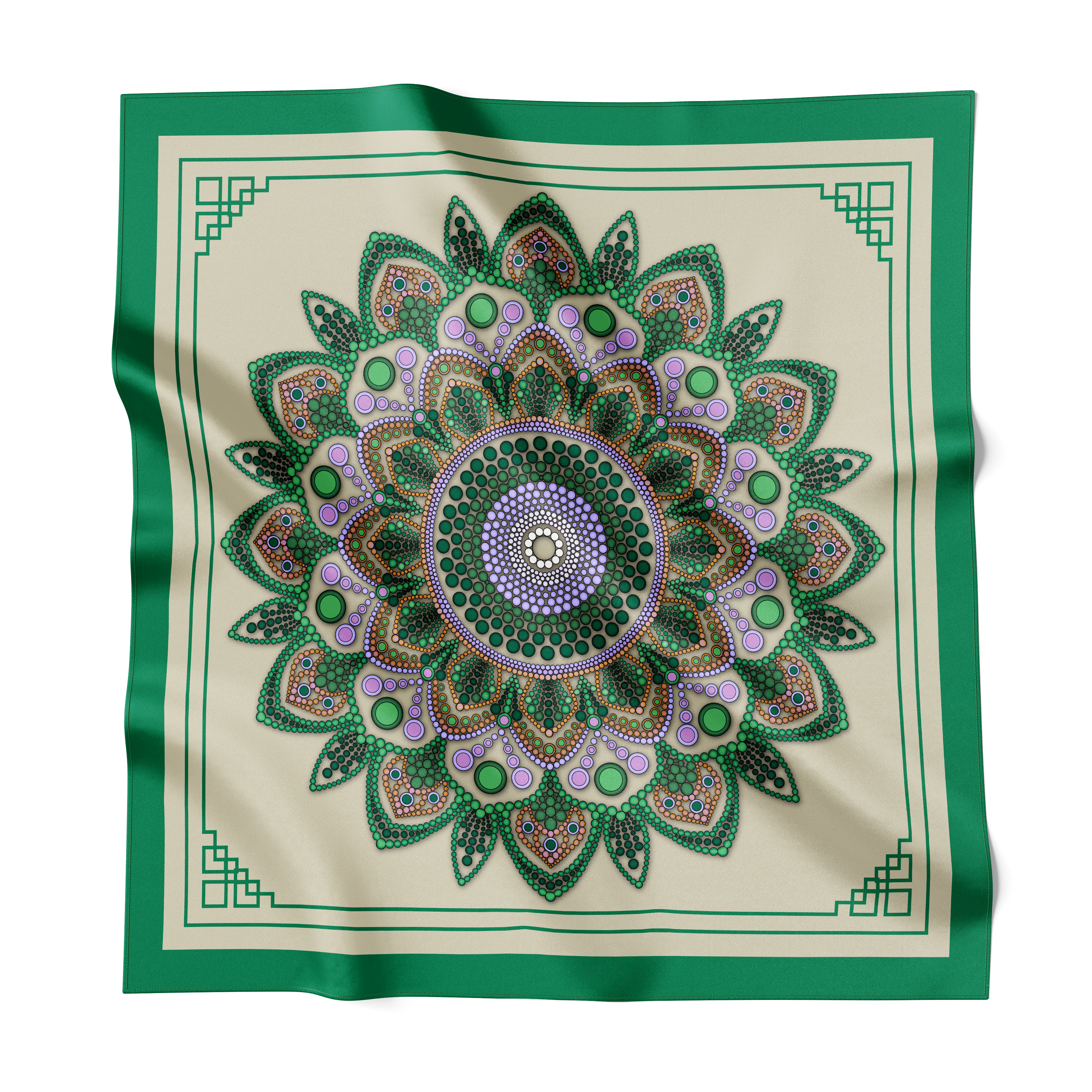 Emerald Mandala on Beige Silk Scarf 90